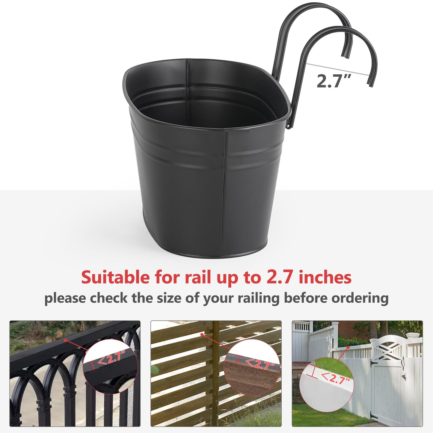 Dahey 10.5 Inch Metal Iron Hanging Flower Pots for Railing Fence Hanging Bucket Pots Countryside Style Outdoor Planter Window Flower Plant Holder with Detachable Hooks Home Decor, Black,4 Pcs