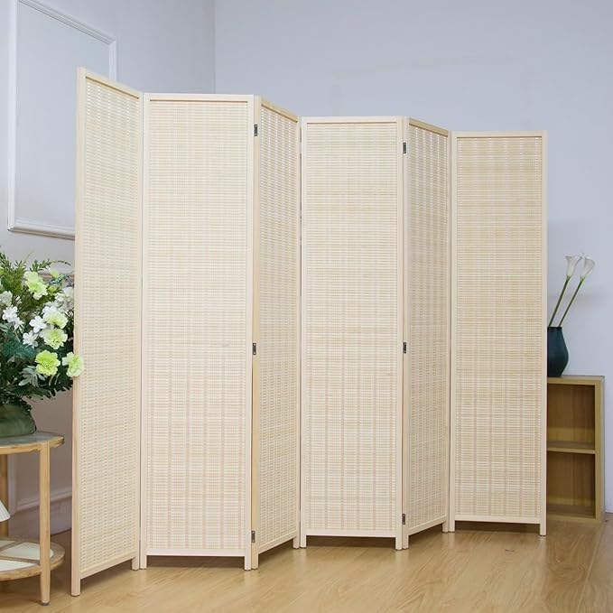 6 Panel Bamboo Room Divider Screen, 5.6 FT Tall Bamboo Divider Folding Privacy