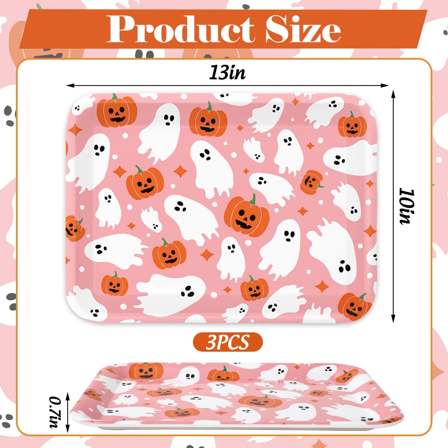 Whaline 3 Pcs Halloween Serving Trays Reusable Serving Platters Pink Boo Ghost Pumpkin Food Snack Trays for Birthday Party Baby Shower Supplies, 10 x 13 Inch