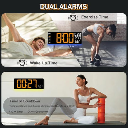 JoFomp 17.3" Large Digital Wall Clock, LED Digital Clock Large Display with Remote Control, Alarm Clock with Temp/DST/Dimmer/Humidity/Timer/Ambient Light - 12/24H, Alarm Wall Clock for Bedroom