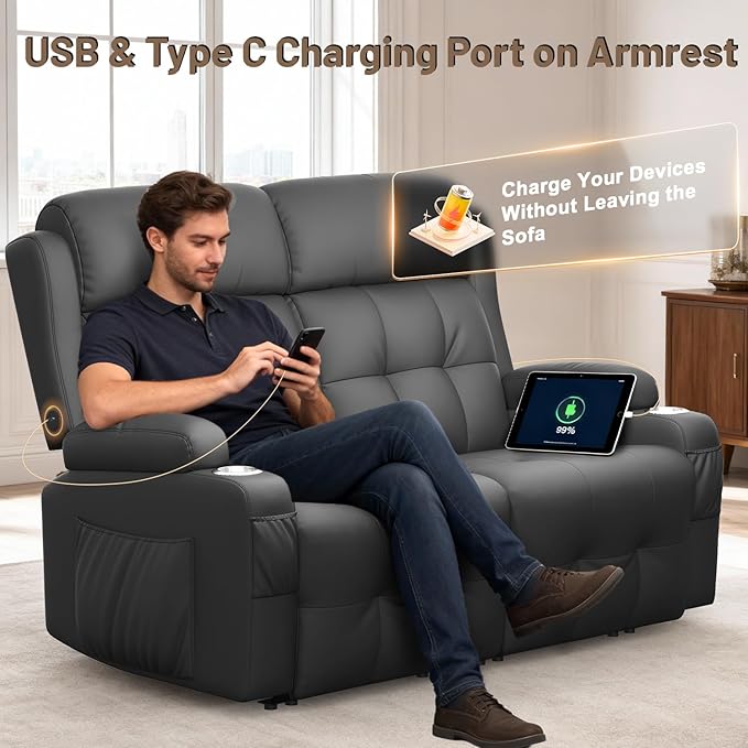 Reclining Loveseat, 55.1" RV PU Leather Wall Hugger Recliner Love Seats Sofa