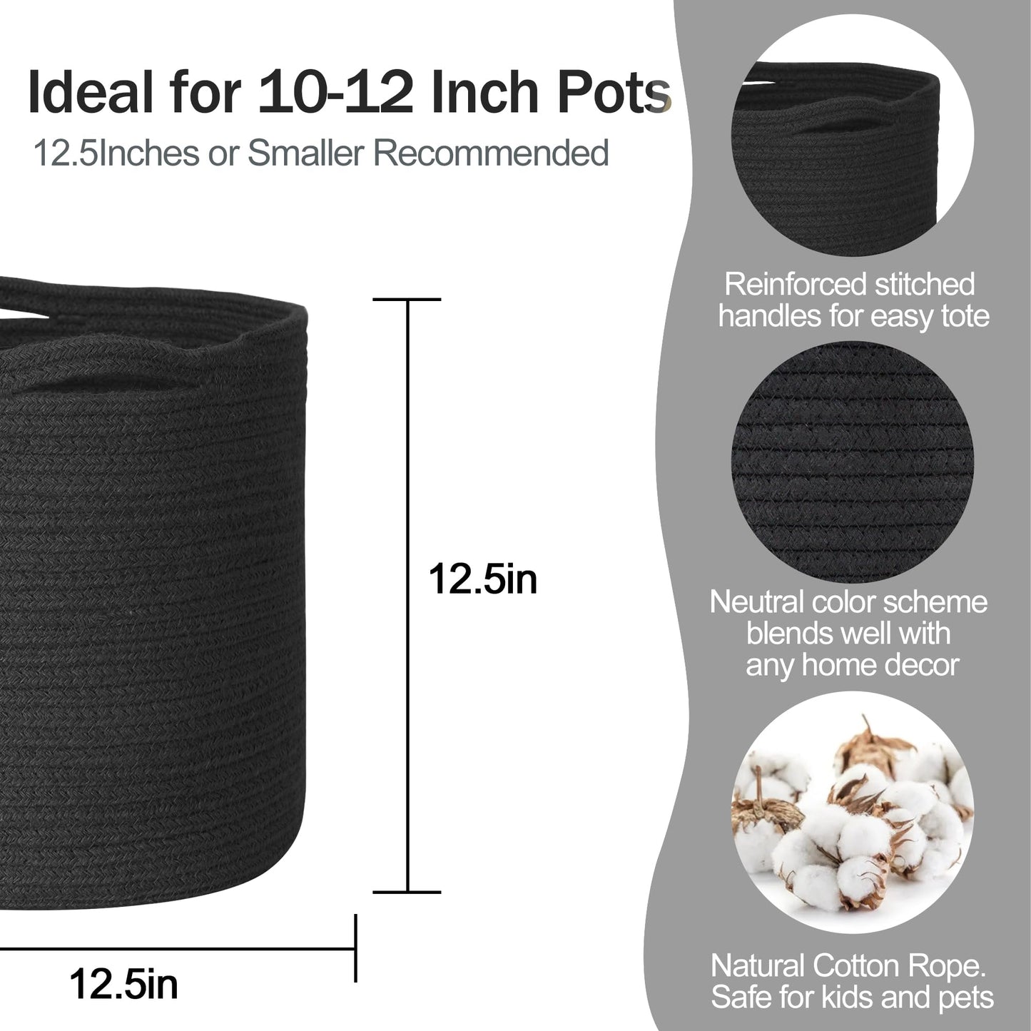MEGASKET Cotton Rope Plant Basket, Woven Basket Planter for 11 inch Pot, Round Indoor Tree Pot Cover, Storage Bin Organizer, Modern Planter and Home Decor, 12.5”X12.5”, Black