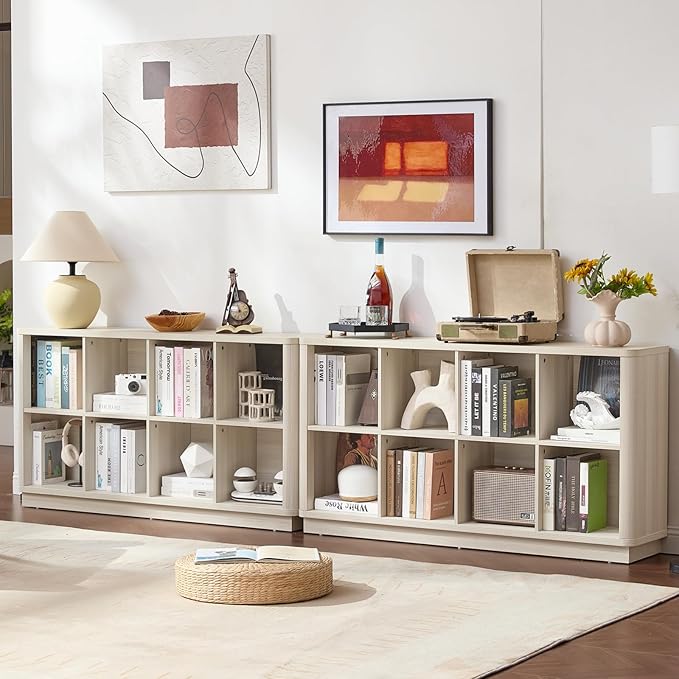 Joaxswe 8 Cube Storage Bookcase, Wood Low 2-Tier Cubby Console Bookshelf