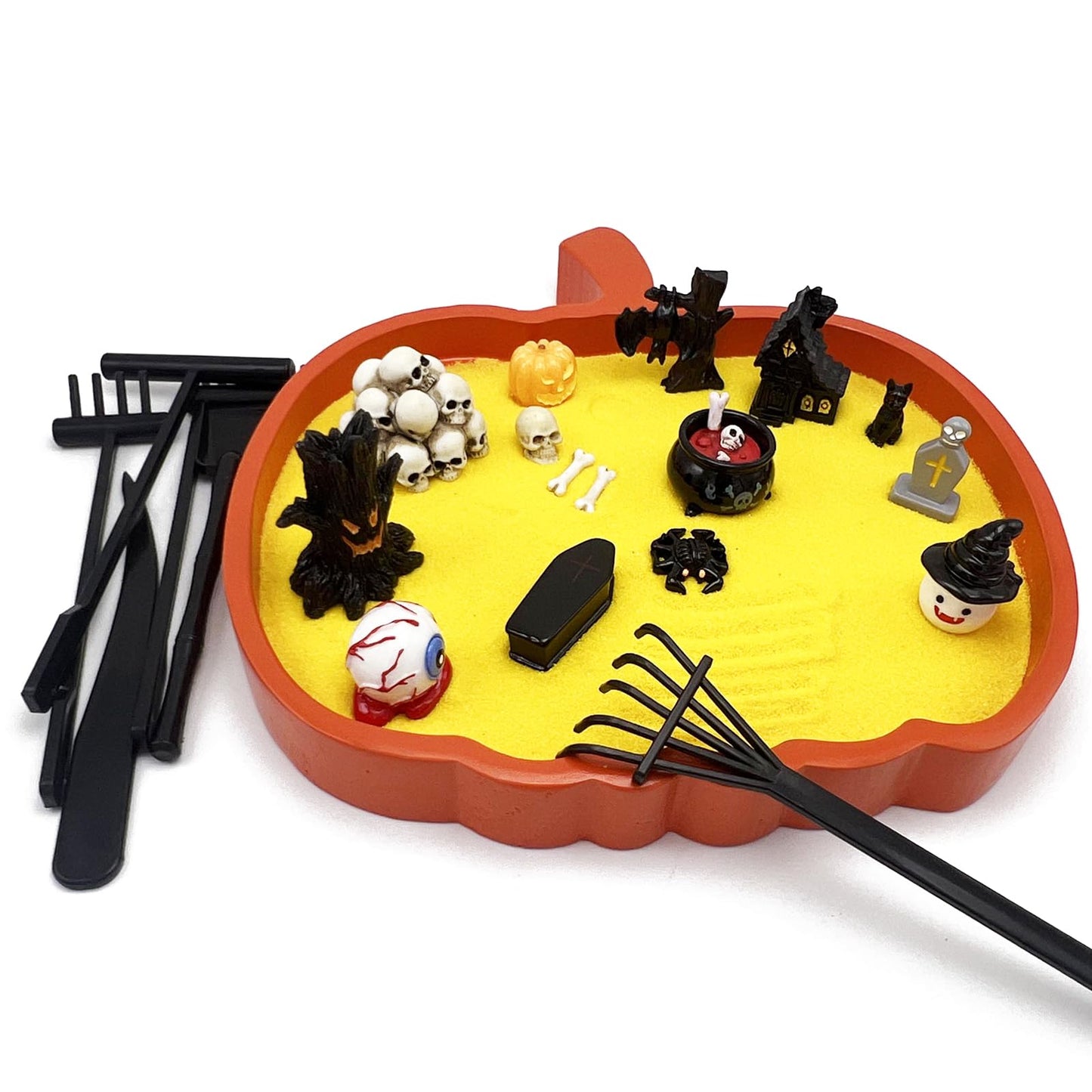 Pumpkin Zen Garden Halloween Table Decorations Desk Spooky Coffin Décor Decorative Tray Goth Office Gothic Desktop
