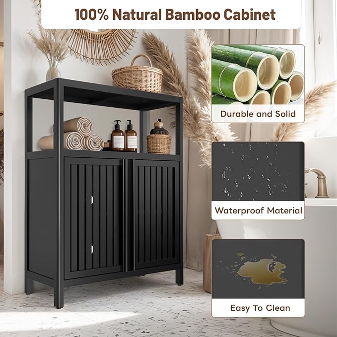 Bamboo Storage Cabinet Bathroom Floor Cabinet Side Storage Organizer Cabinet
