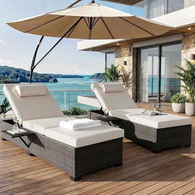 GAOMON Chaise Lounge Chairs Set of 2, Outdoor PE Rattan Chaise Lounge Chair