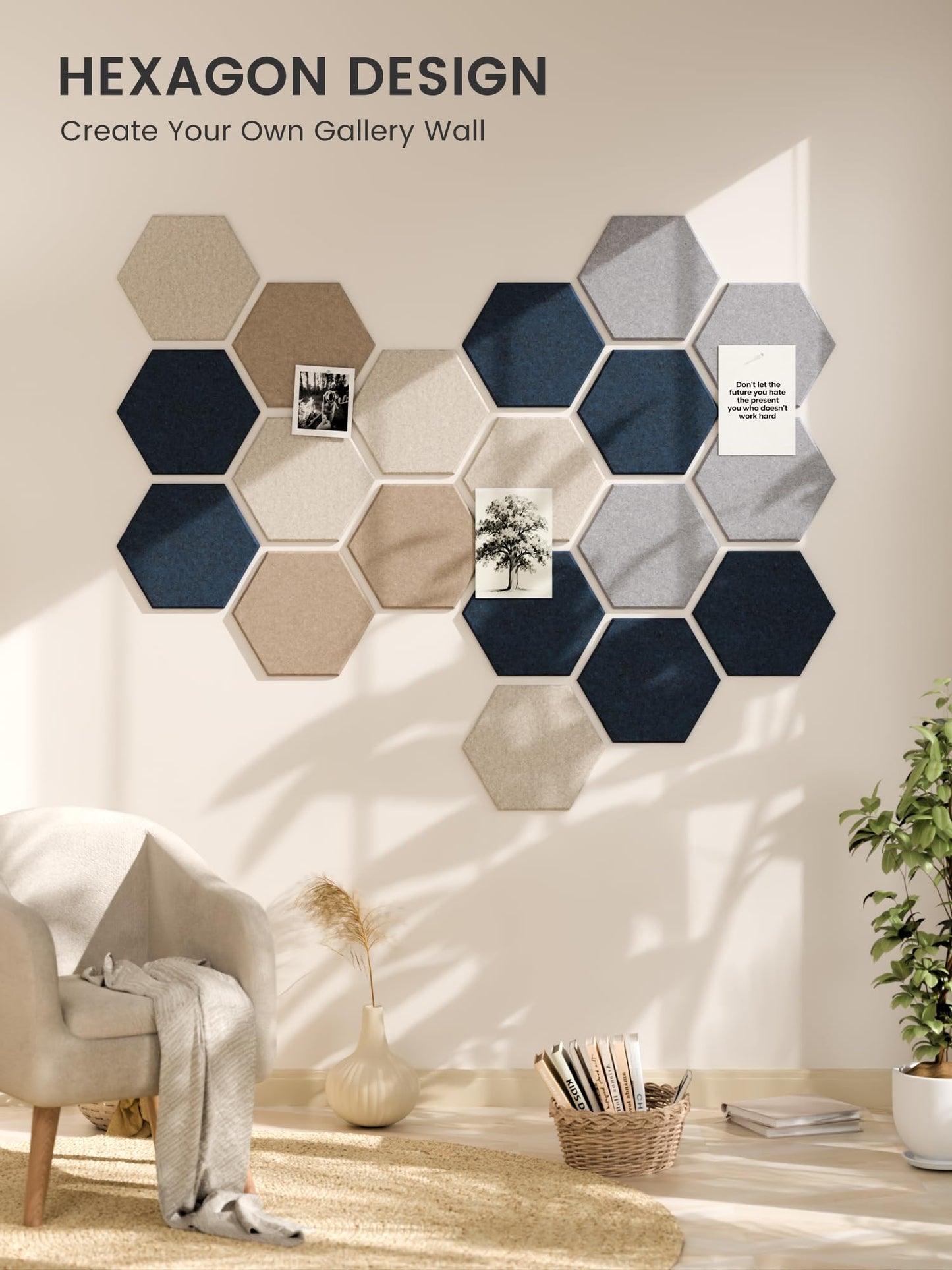 Fluxynara Hexagon Cork Board Alternative for Walls Decor-12-Pack Felt Bulletin Board Tiles,with 30 Pushpins,70 Adhesive Tabs for Office,Classrooms & Home Pin Board Felt Board-Nordic Slate