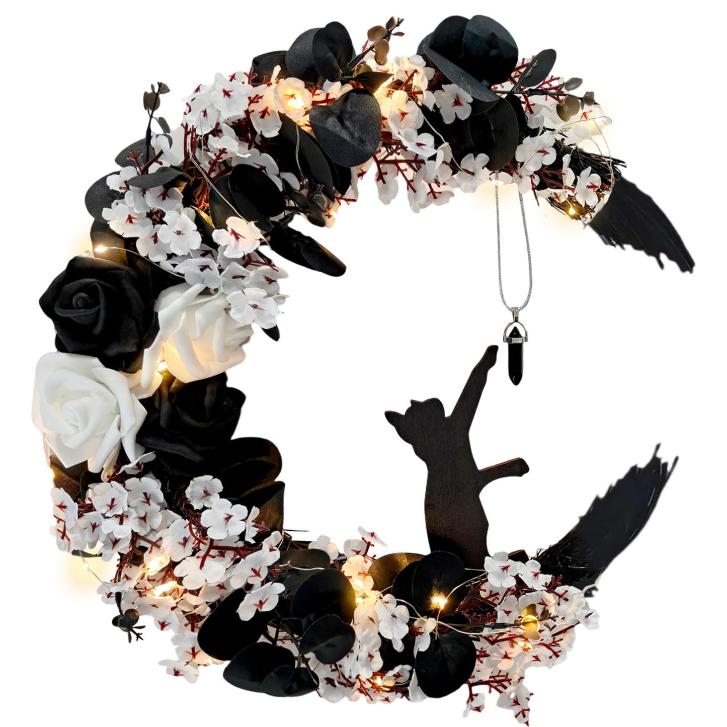 Halloween Wreaths for Front Door, Flower Moon Cat Halloween Home Decoration, Fall Winter Family Gathering Decoration Wreath Outdoor Wall Closet Fence Spooky Wreath(Moon Cat White13.7in×9.8in)