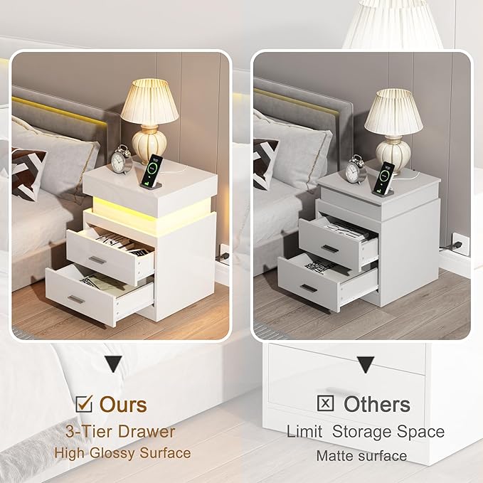 ChooChoo LED Nightstand Set of 2, Smart Night Standwith Charging Station and