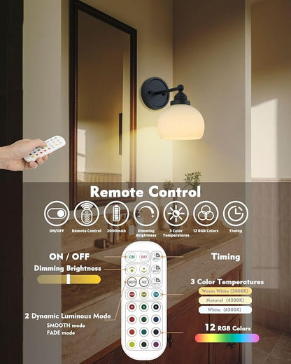 HEQIQEH Vintage Rechargeable Battery Operated Sconce Wall Lighting with Remote Control, Dimmable Ribbed White Glass Shade Wall Mounted Lamp Fixture for Bedroom Vanity Bathroom Living Room