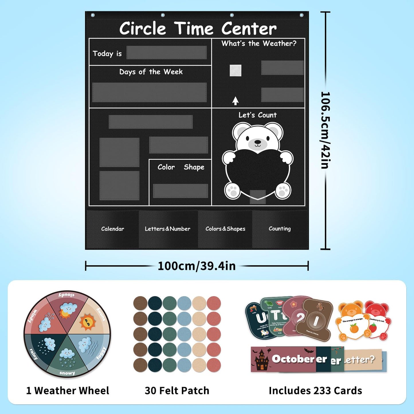 Circle Time Learning Center Pocket Chart for Classroom, Dry Erase Alphabet & Number Flash Cards, Write ABC Letter Tracing Writing Practice Games for Kids, Learning Weather Counting Color Shape