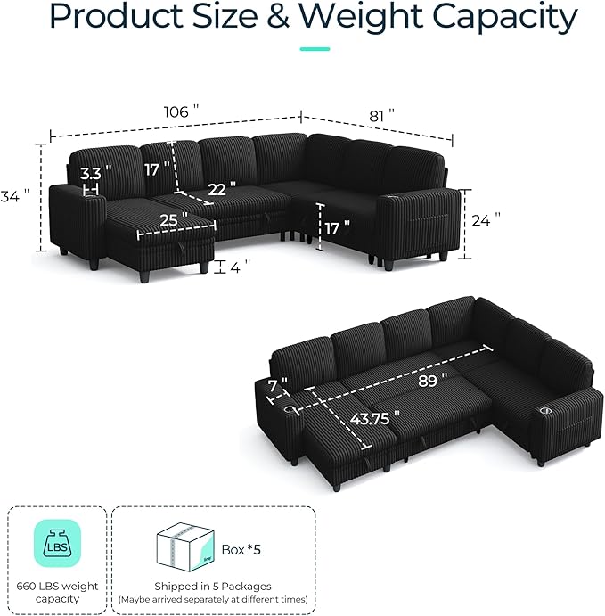 LINSY HOME Sectional Sleeper Sofa