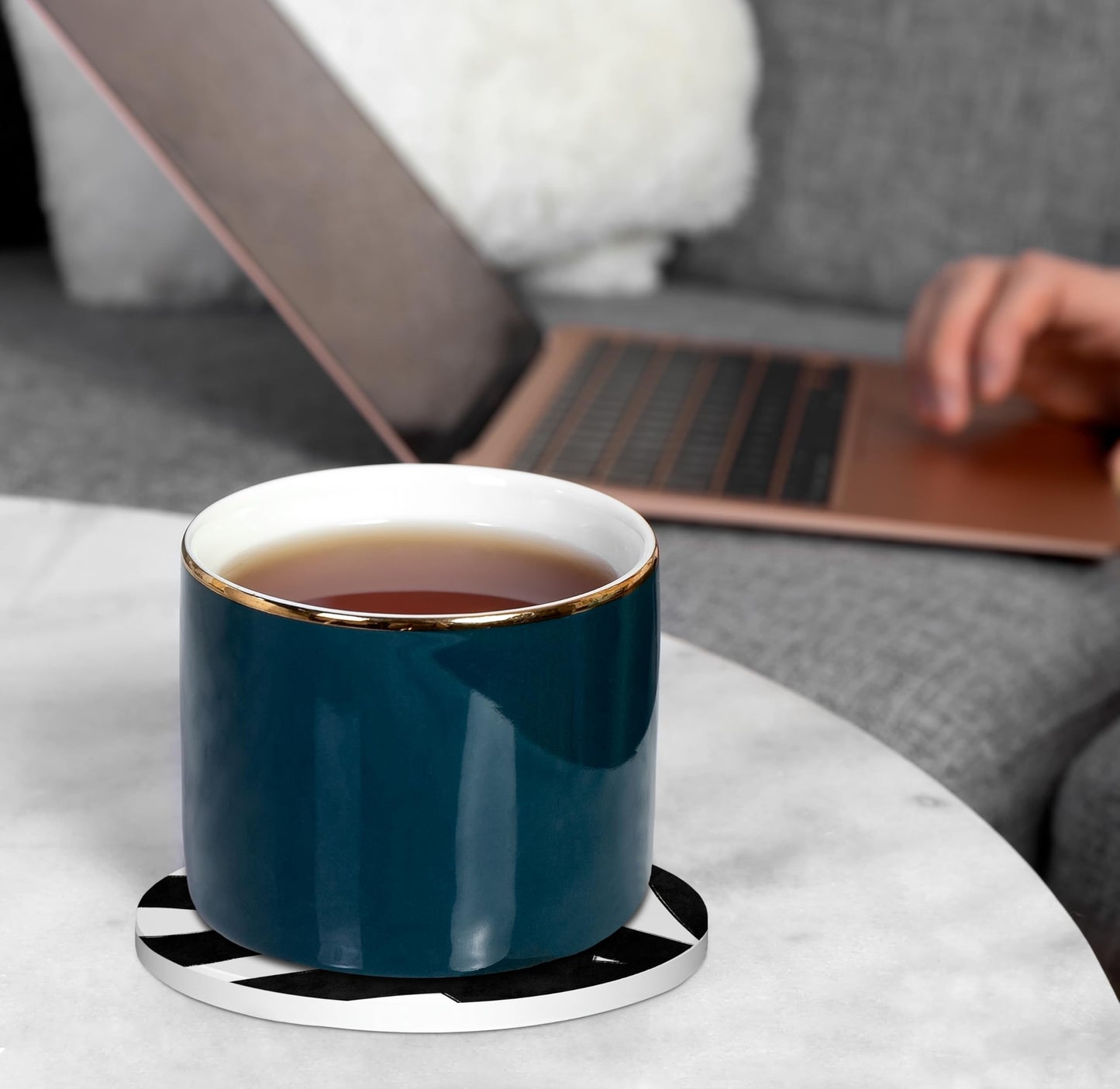 Black and White Coasters Set of 4, Modern Abstract Geometrical Black and White Ceramic Car Drink Coaster Cup Mat with Cork Back for Table Desk Decor