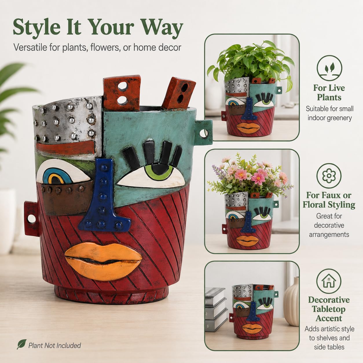 XMGZQ Abstract Cubism Face Planter,Pop Art Sculpture & Vase Decor,Unique Picasso Style Flower Pot,for 4-6 Inch Succulents & Houseplants,Drainage Hole Included,Statement Gift (Industrial)