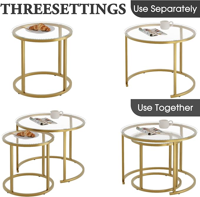 aboxoo Nesting Coffee Table Set of 2, Small Round Glass Nesting Tables