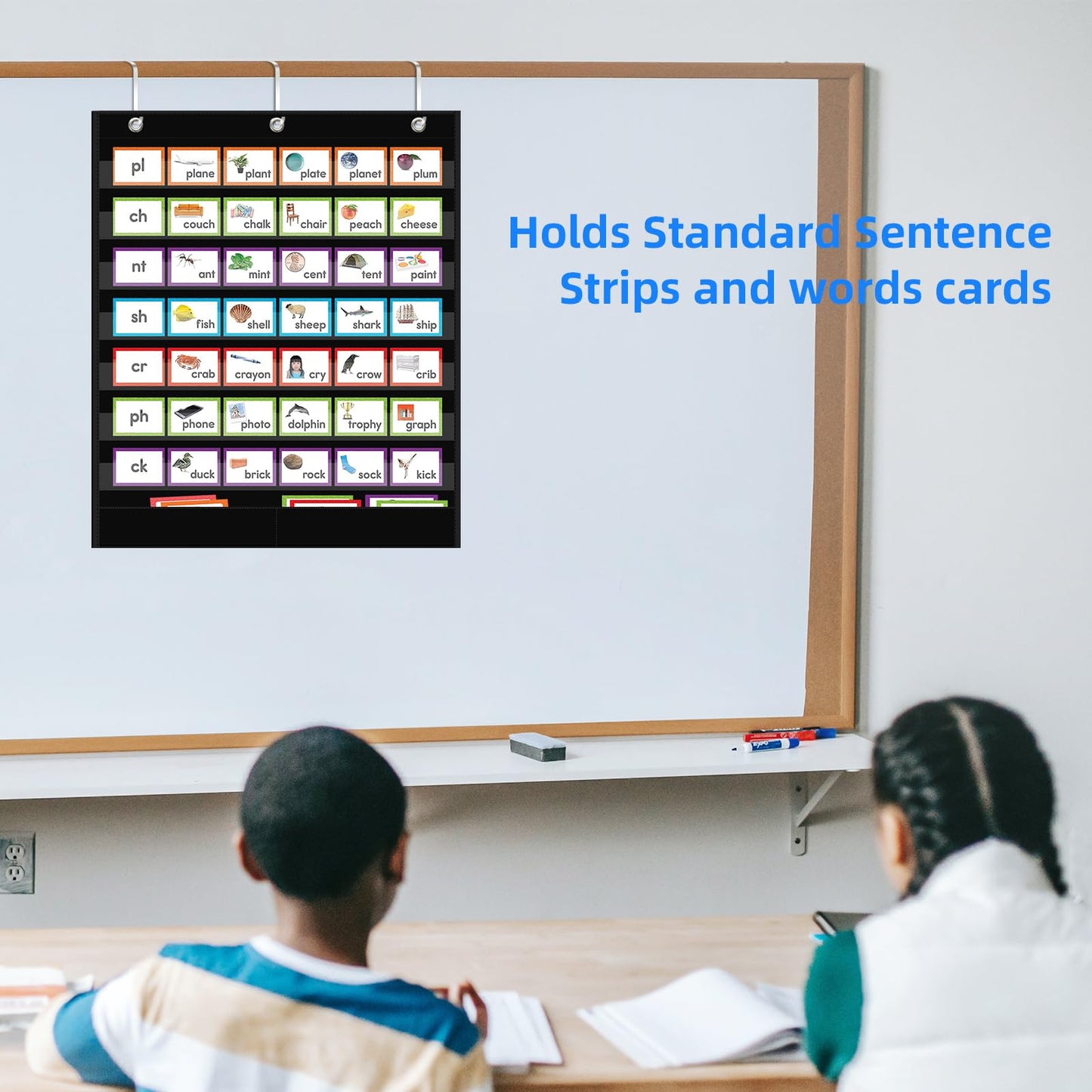 ANCOMEDO 7+2 Pockets Standard Pocket Chart, Clear 7 Pockets Words Chart with 2 Extra Storage Pocket for Classroom Home Office Use,Large Size:33.2”x 28” Letter Cards, Word Wall and Sentence Strips.