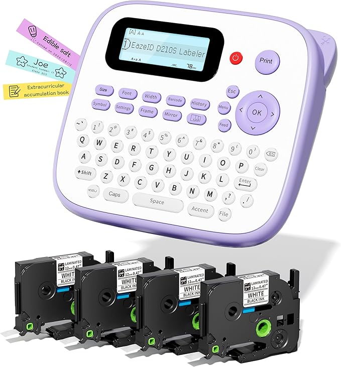 Label Maker Machine with Tapes, D210S Label Maker Waterproof-Labels, Portable Labeler Machine with Tapes 4PK Bundle 12mm 0.47 Laminated White, Wireless Labeling Machine for Jars Bottle School Supplies