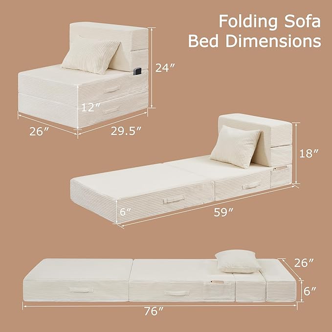 Folding Sofa Bed, 4 in 1 Convertible Sleeper Chair
