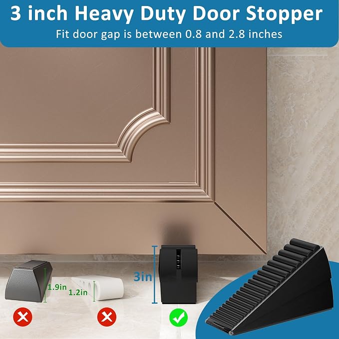 Optish Heavy Duty Door Stopper, Adjustable Spring Large Stopper, 3 Inches High Tall Wedge Stoppers for Bottom of Door, Door Stop Suits Wood, Carpet, Tiles, Home, Heavy Door, Black