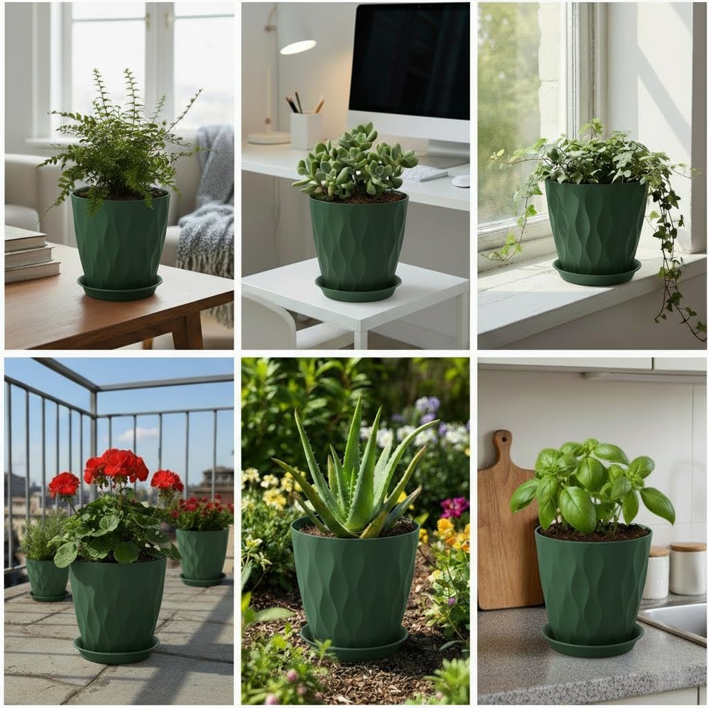 LESOASIS Plant Pots 8 Inch, 6 Pack Plastic Flower Pots for Indoor & Outdoor Plants, Planters with Drainage Holes and Saucer, Garden Pot for Plants (Deep Green)