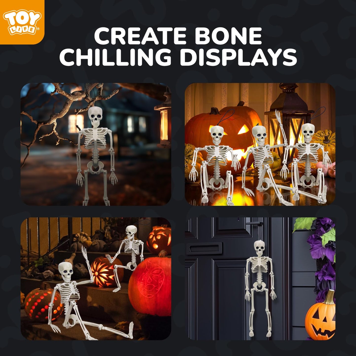 TOY Life 4 Pcs Halloween Skeleton 16" Posable Skeleton Decor, Full Body Posable Joints Outdoor Skeletons, Halloween Skeletons Decorations Outdoor Indoor, Plastic Hanging Skeleton Decorations