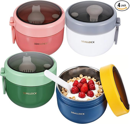 4pcs Overnight Oat Containers with Lids and Reusable Plastic Spoons,20oz Portable Stainless Steel Yogurt Breakfast On The Go Cups, Cups for Cereal,Milk and fruit Salad Storage Container