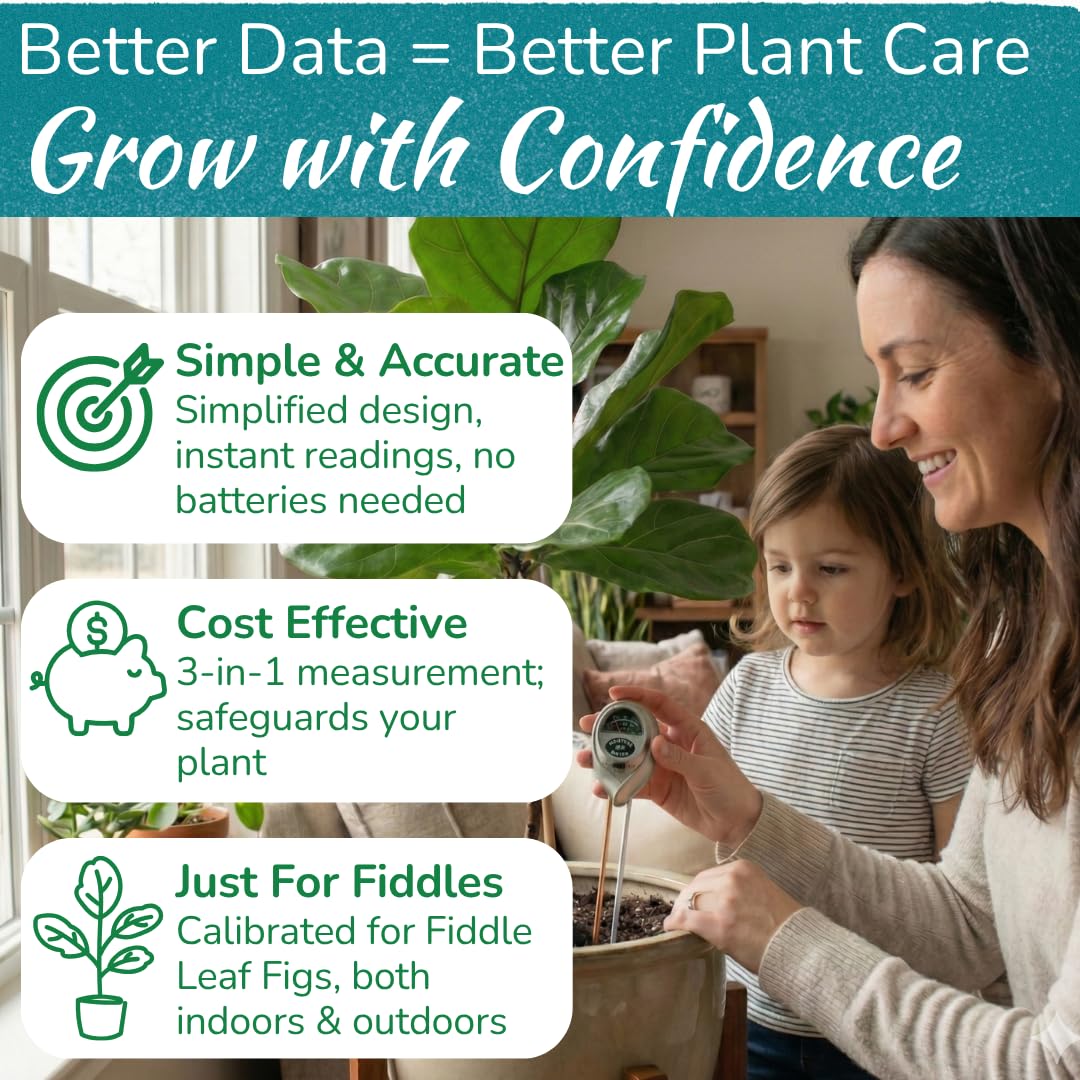 Houseplant Resource Center Fiddle Leaf Fig 3-in-1 Soil Moisture Meter for Plants – Best Indoor Plant Water Meter for Potted Houseplants - Light & Moisture Sensor Probe for Optimal Growth