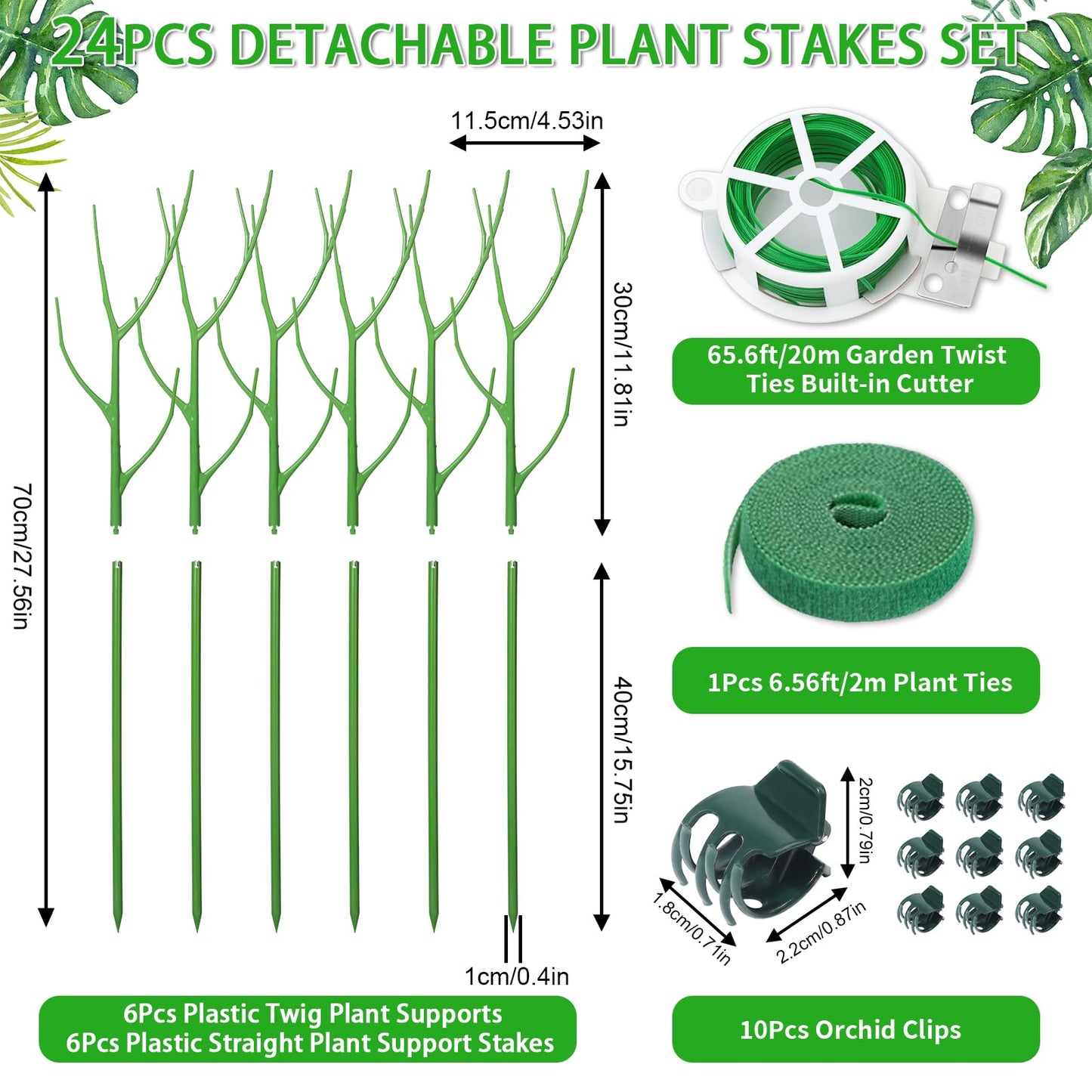 ROADPLUM 6 Pack 27.56" Detachable Twig Plant Support Stakes Set, Blends in to Plant, Branch Plant Sticks with Orchid Clips Twist Plant Ties, Twig Trellis for Indoor Outdoor Plants Potted Plants Flower