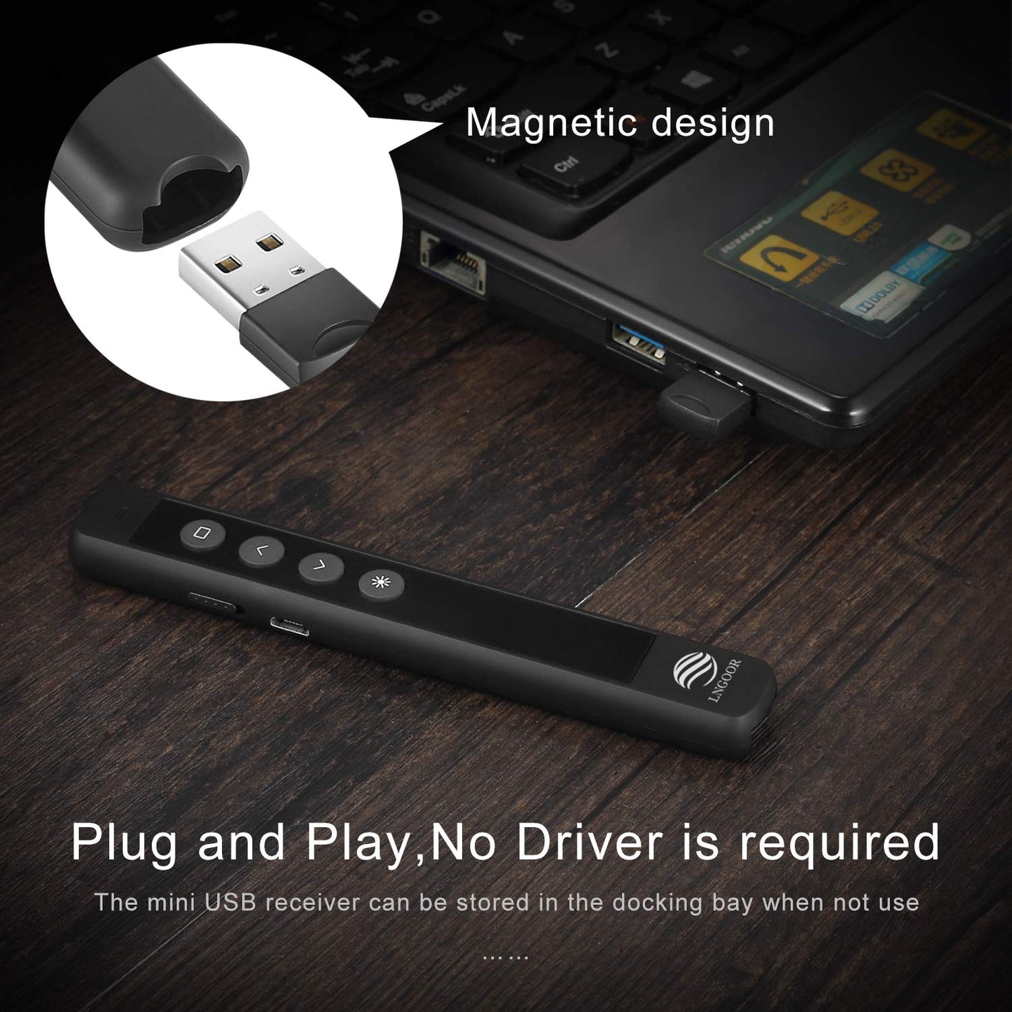LNGOOR Rechargeable Presentation Clicker for PowerPoint - RF 2.4GHz Wireless Presenter Remote with Laser Pointer, Support Hyperlink&Volume Compatible with PPT/Keynote/Slides/Mac/Windows/Laptop