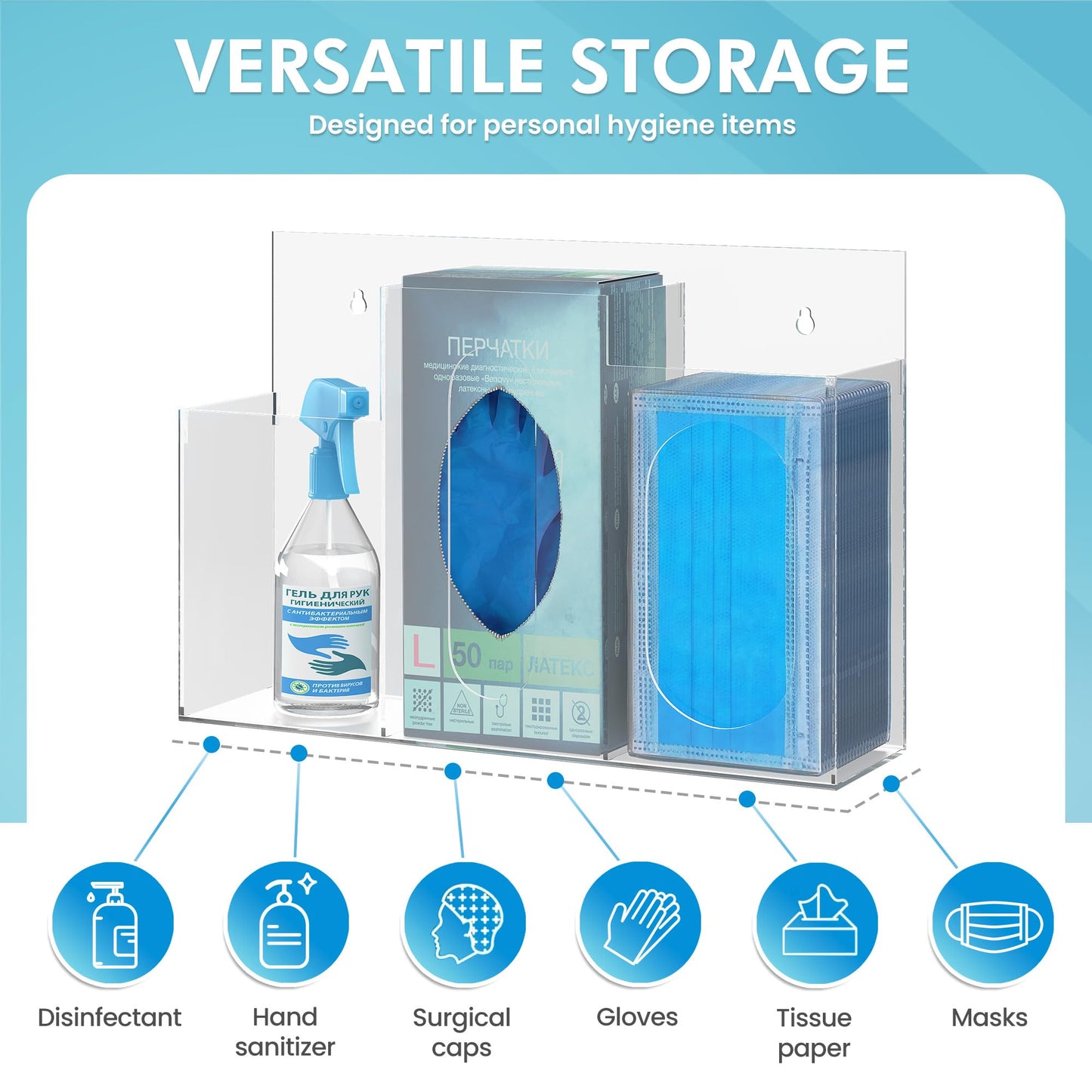 WAHFAY Acrylic Hygiene Dispenser Sanitation Station with Three Compartment, Gloves Masks Hairnets Box Holder, Wall Mount or Tabletop Clear Storage Containers