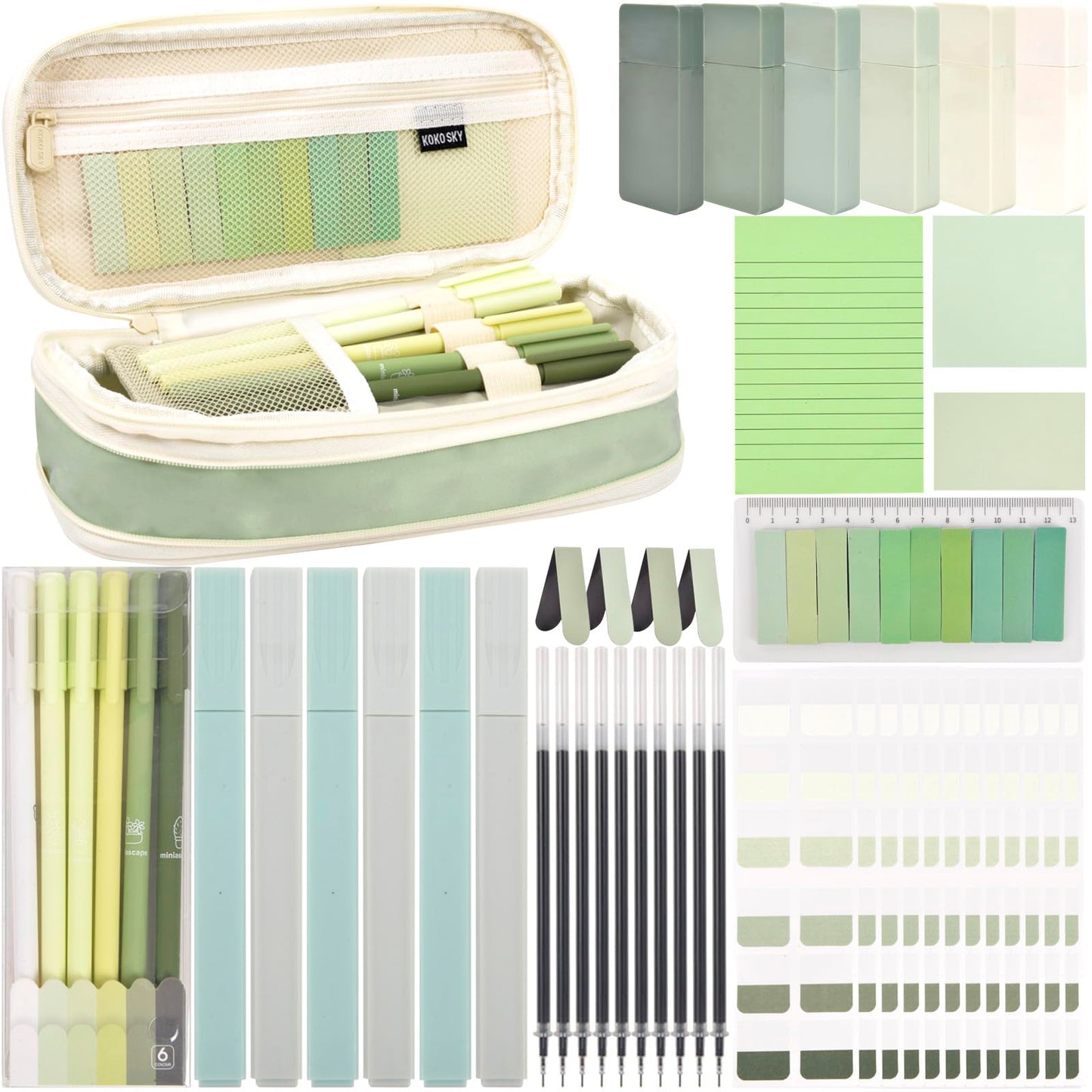 ChezAbbey 47Pcs Aesthetic School Supplies with Pencil Pouch - Cute College Essentials Set, Big Capacity Pen Case, Pastel Highlighters, Bible Study Journaling Stationary Kit (Green)