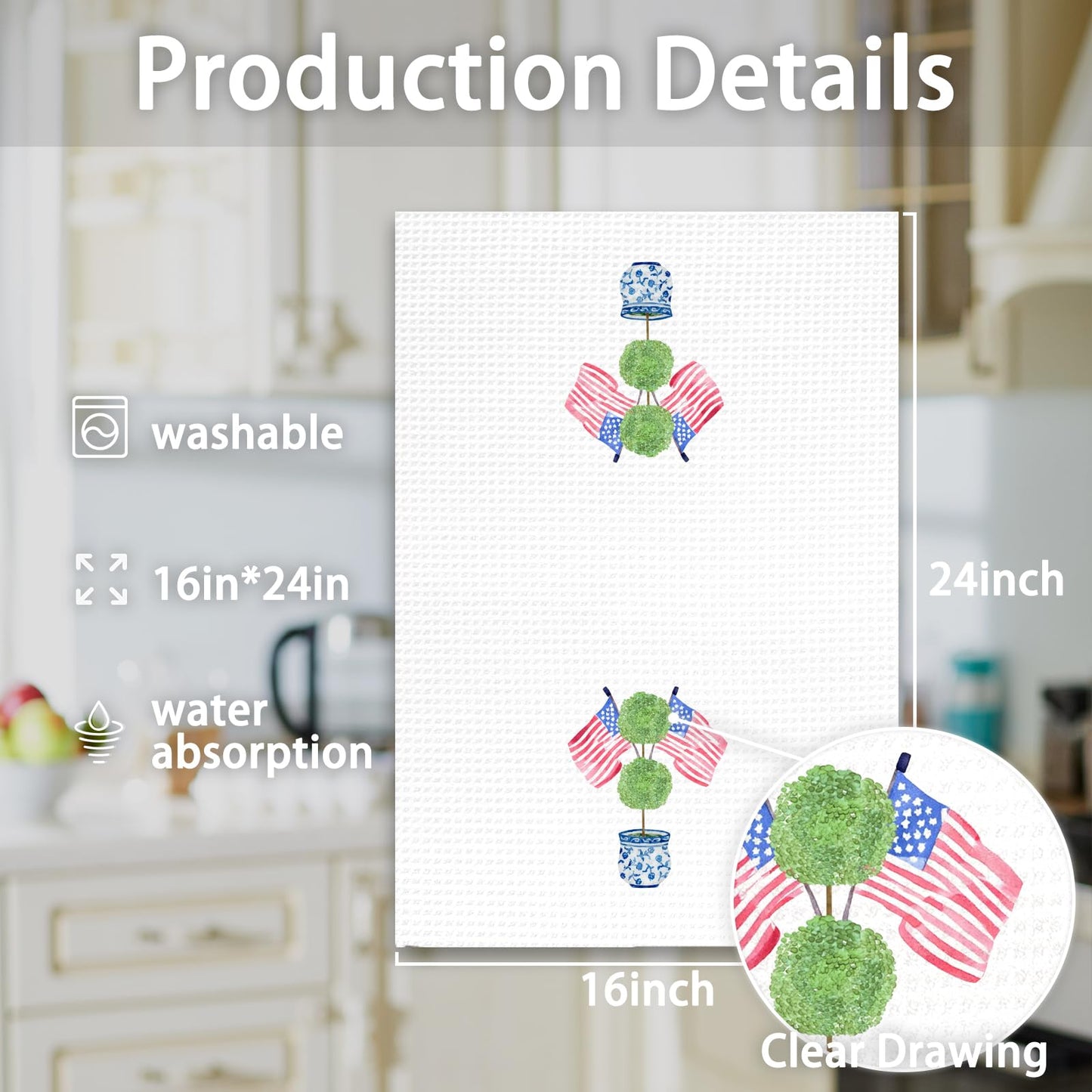 OINDADE 4th of July Grandmillennial Kitchen Towels, Blue Chinoiserie Decor Hand Towels, Patriotic American Flag Topiary Dish Tea Towel for Kitchen Decorative, Chinoiserie Topiary Bathroom Decor,16x24