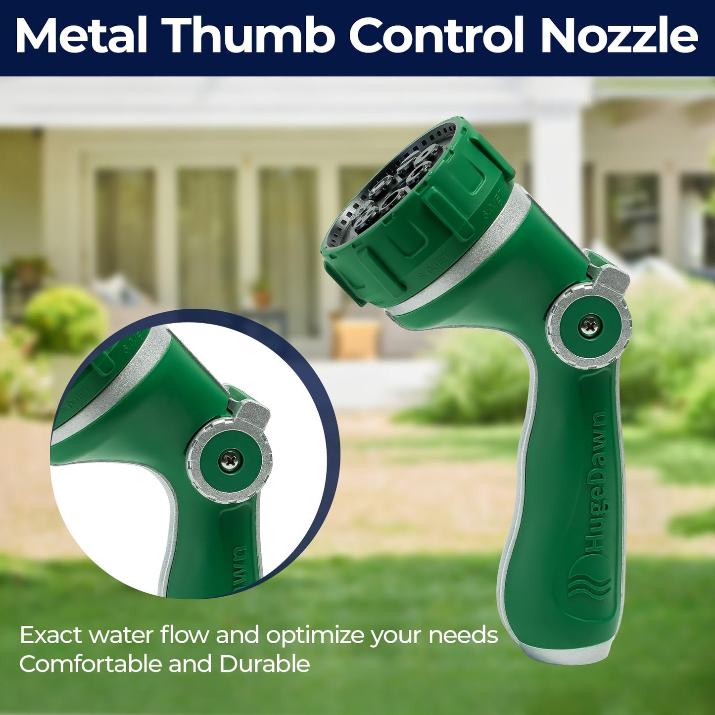 HugeDawn Garden Hose Nozzle with 7 Spray Patterns, Heavy Duty Metal Sprayer 30% Greater Water Flow for Watering, Car Wash, Outdoor Cleaning (Green)