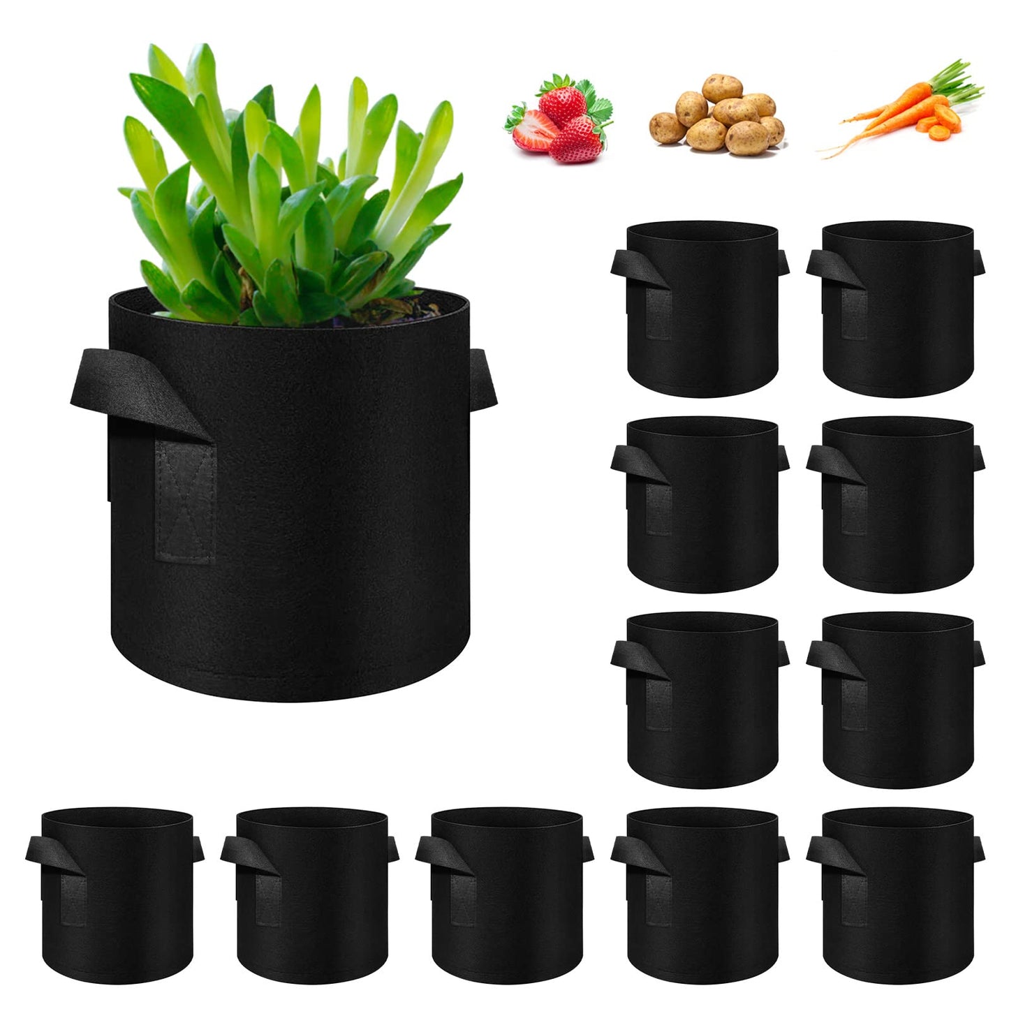 WHATWEARS 12-Pack 5 Gallon Plant Grow Bags, Thickened Nonwoven Fabric Pots with Handles, Vegetable Planter Bags Containers, Cloth Planters for Garden Vegetable/Flower/Plant/Fruits Outdoor (Black)