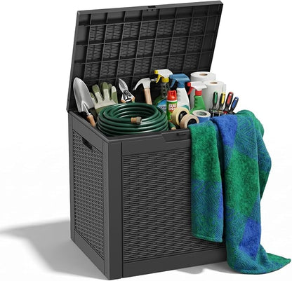 ROJIK 39 Gallon Resin Deck Box, Lockable Waterproof Weatherproof Outdoor Storage Container for Garden Tools, Cushions & Outdoor Accessories（Black