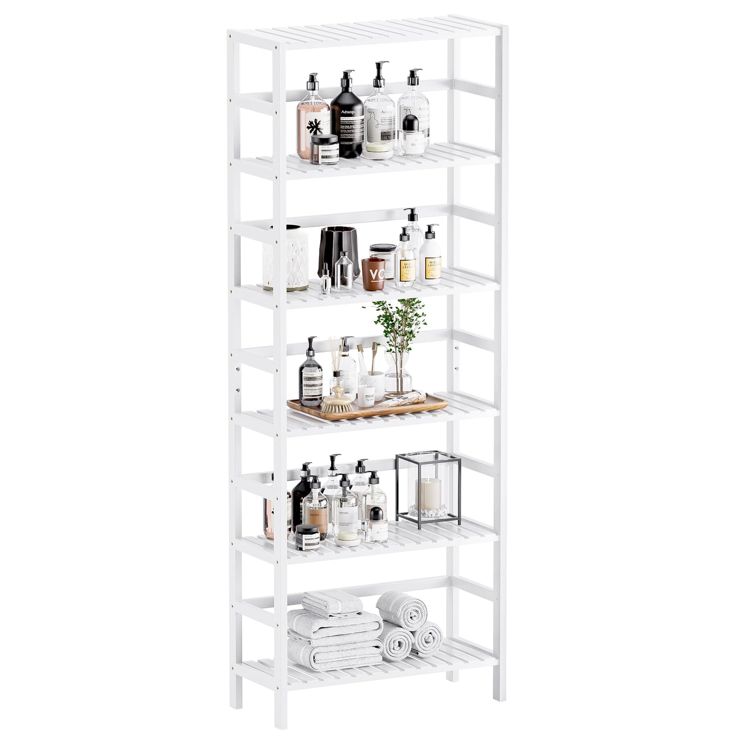 HITNET Bookshelf, 6-Tier Tall Bookcase Freestanding Bamboo Book Shelf Bathroom Storage Organizer with Adjustable Shelves, White