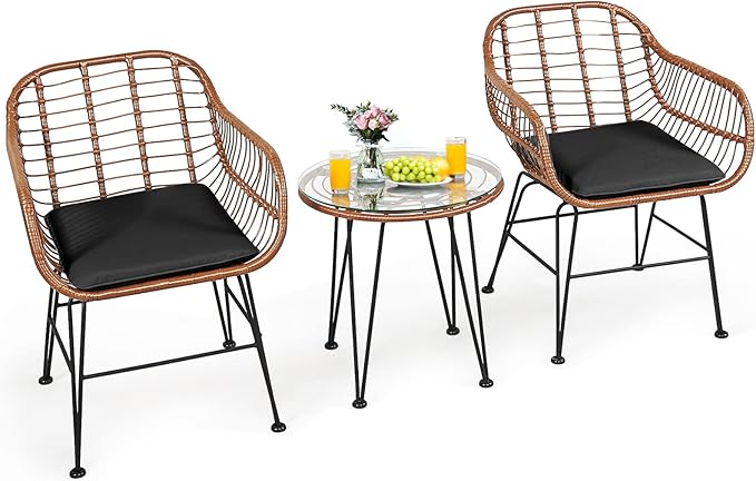 Tangkula 3 Pieces Patio Conversation Bistro Set, Outdoor Wicker Furniture