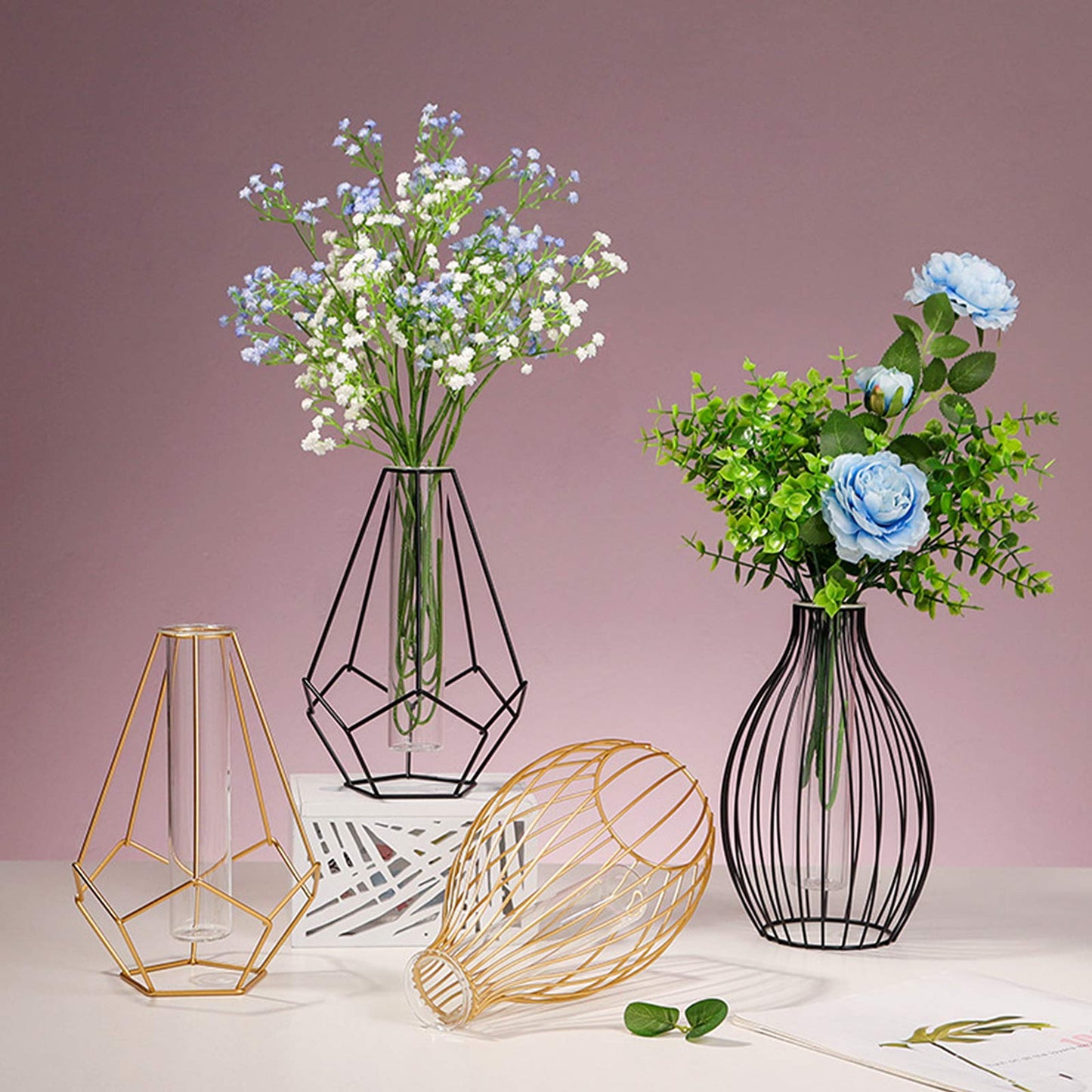Metal Frame Vase Geometric Glass Flower Vase, Lantern Shape Glass Test Tube Vase, Modern Creative Clear Tube Glass Planter Terrariums with Geometric Metal Stand for Decor Office Home (Black B)