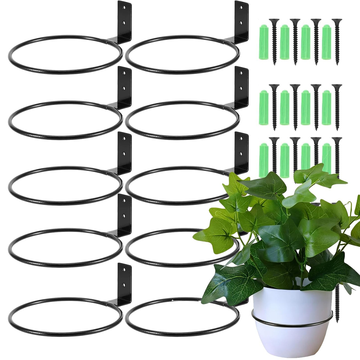 MAHIONG 10 PCS 6 Inch Flower Pot Holder Ring, Wall Mounted Wall Plant Hanger, Collapsible Metal Wall Planter Holder for Indoor and Outdoor Plant Pots, Black