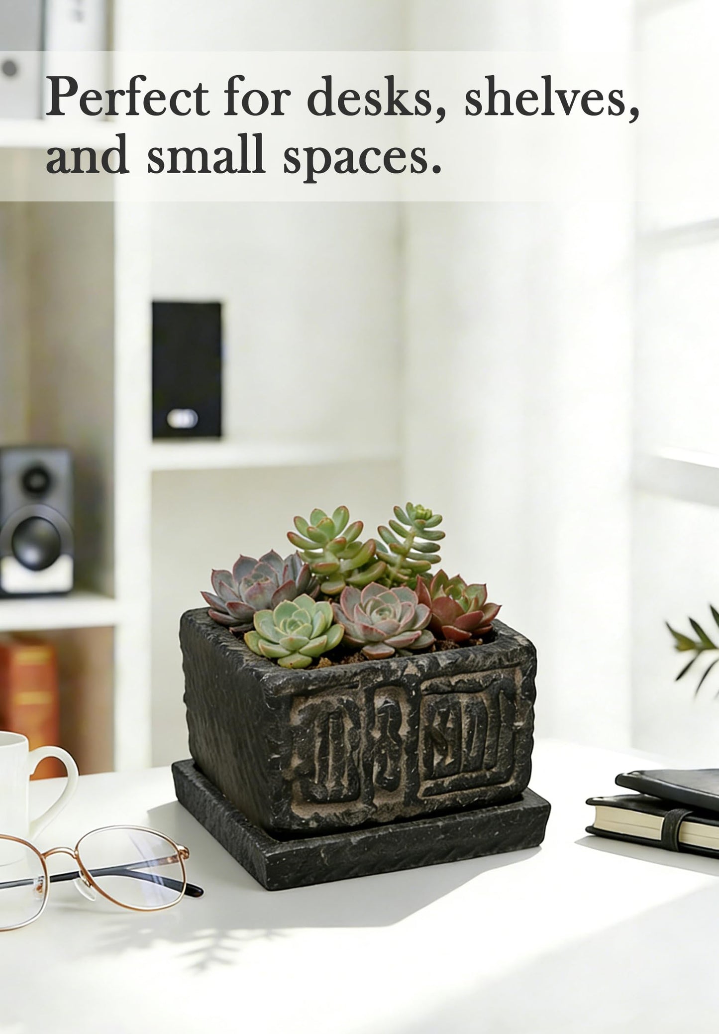 Txjyuyy Small Succulent Pots - Stone Square Plant Pot for Indoor Plants - Rustic Decorative Mini Planter for Desk, Cactus, Bonsai and Farmhouse Home Decor