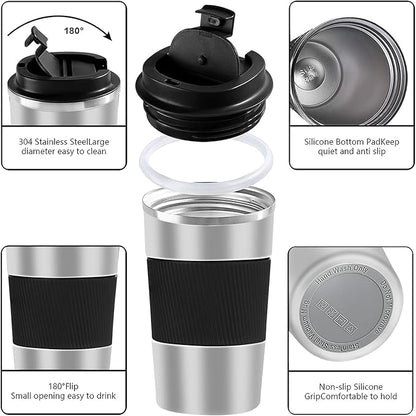YINBAOGE Insulated Travel Coffee Mug, Spill & Leak Proof, Portable To Go Camping Stainless Steel Coffee Tumbler, Reusable Thermal Coffee Cup with Lid for Hot & Cold Drinks(Silver black, 12 OZ)