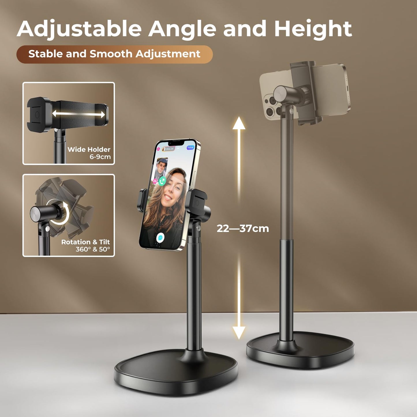 GMETAL Desktop Phone Stand, Adjustable Height & Angle Holder, Compatible with iPhone, Samsung, Android Smartphones - Night Black