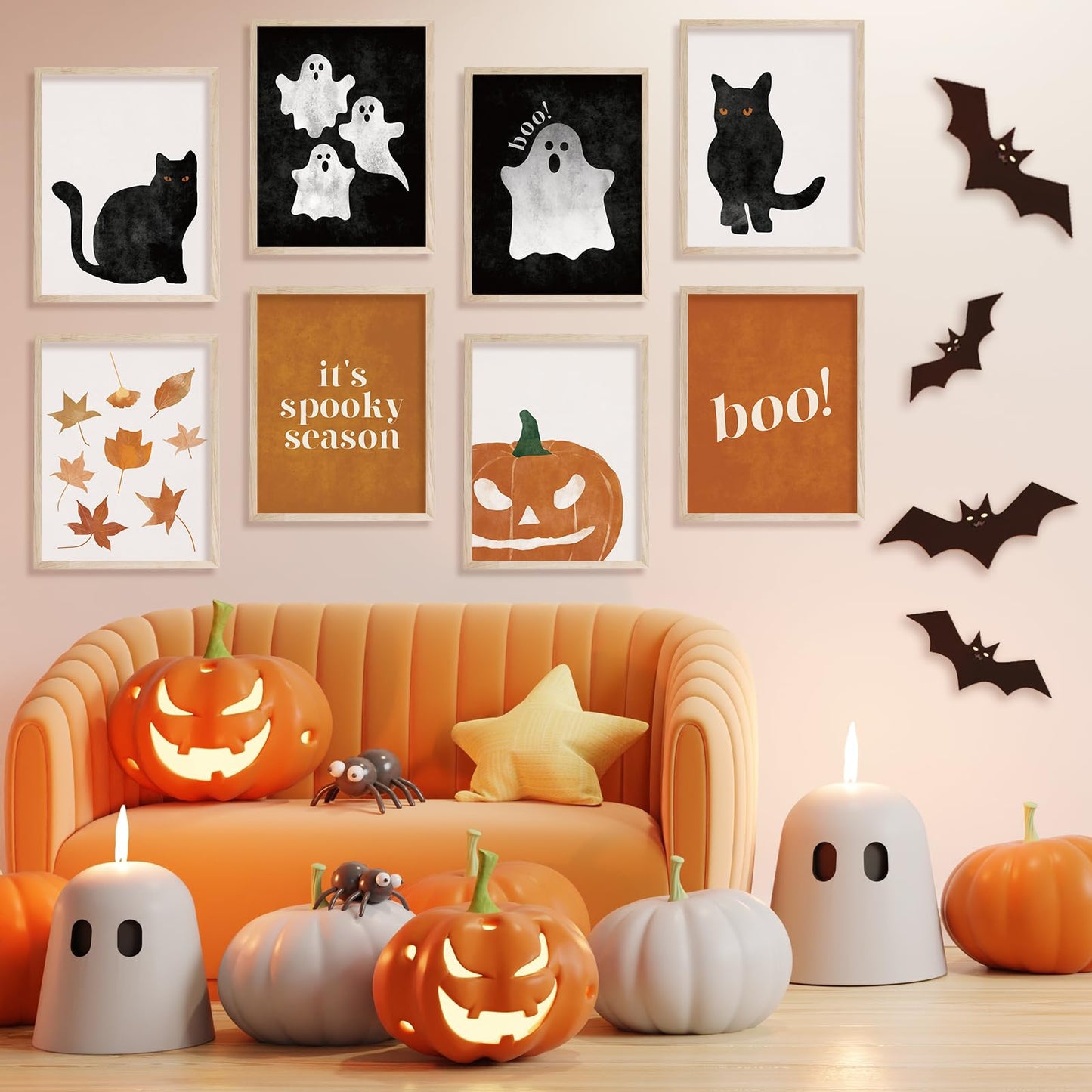 JarThenaAMCS 12Pcs Halloween Wall Art Prints Boho Ghost Pumpkin Black Cat Art Poster Black Orange Wall Decor For Fall Gallery Living Room Bedroom, UNFRAMED, 11 x 14 Inch