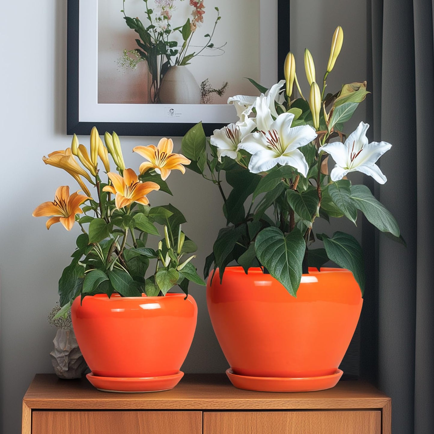 EPFamily Ceramic Planter - 10 Inch 8 Inch 6 Inch Plant Pot with Drainage Holes and Saucers, Round Planters for Indoor Outdoor, Modern Flower Pots, House Garden Room Decor, Gardening Gifts, Orange