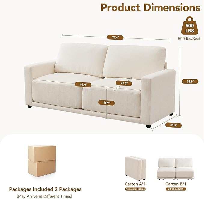 77.4" Modular Sectional Loveseat Sofa, Cloud Deep Seat Couch, Love Seat Sofas