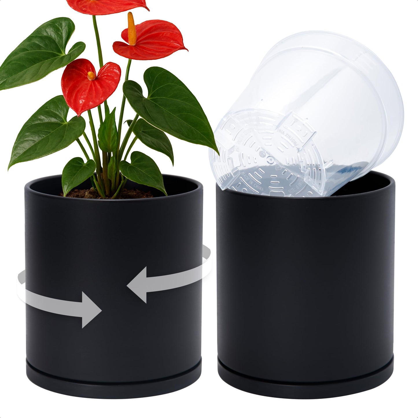 D'vine Dev Double-Layer Self-Draining Planter Set – Rotating Plastic Outer Pot with Clear Inner Liner for Root Health, Perfect for Indoor Plants, 6.5", Set of 2, Black, 73-V-B-2