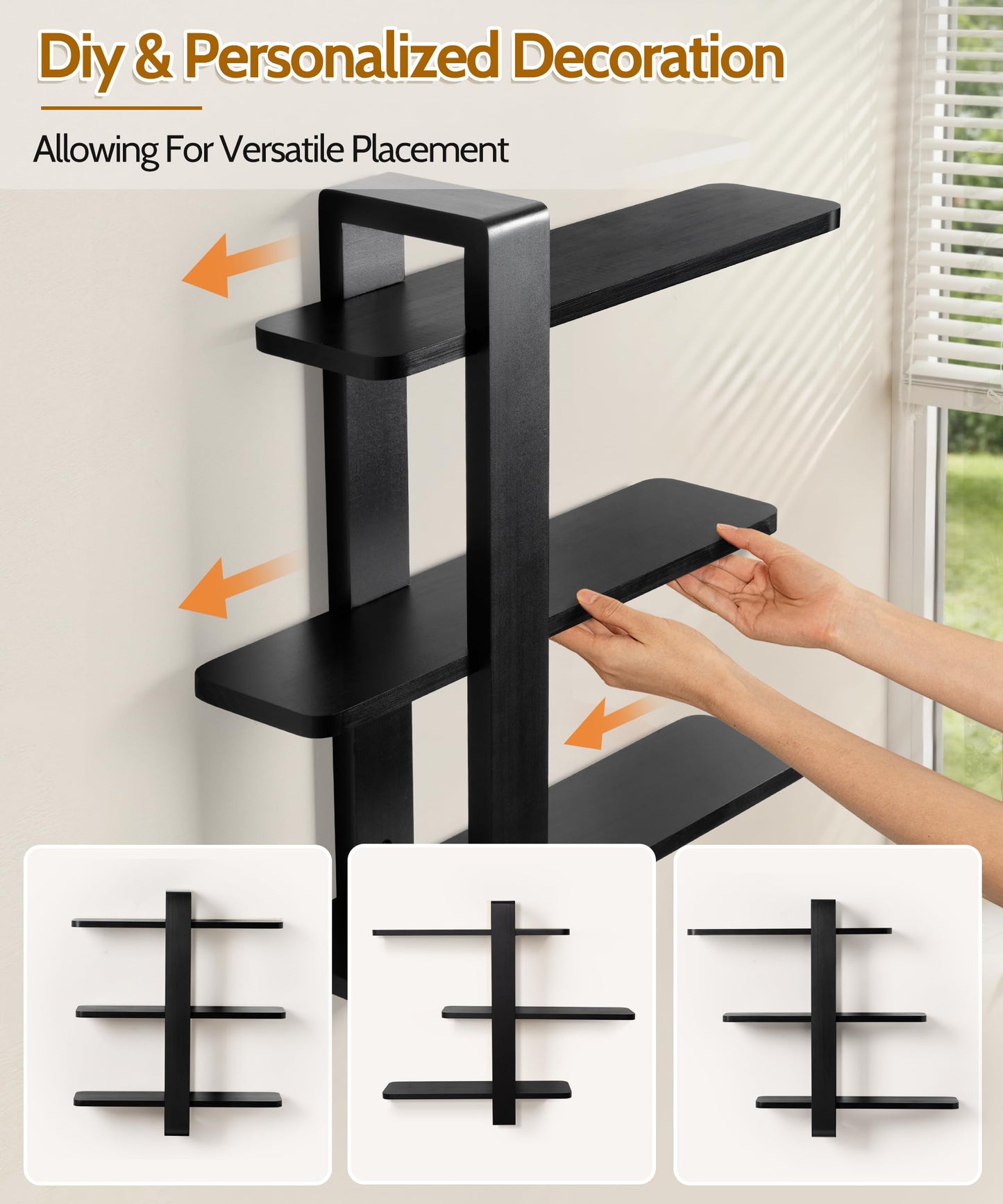SUMGAR Black Floating Shelves for Wall Mounted Shelving Unit All Pine Wood 3 Tier Large Shelf for Bedroom Living Room Office Bathroom Home Decoration Storage Plant Photo Display Modern 20in