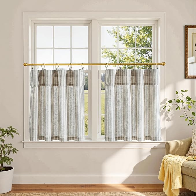 jinchan Striped Linen Kitchen Curtains with Attached Valance 24 Inch Length Cafe Tier Curtains for Living Room Rustic Half Window Light Filtering Rod Pocket Small Drapes 2 Panels Taupe Grey