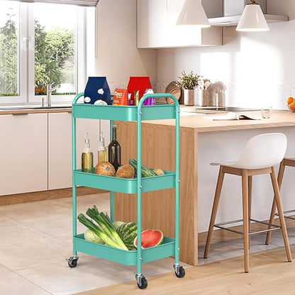 3-Tier Rolling Cart, Metal Utility Storage Carts with Wheels,Blue | Multi-Functional Organizer Easy Assembly Snack Cart