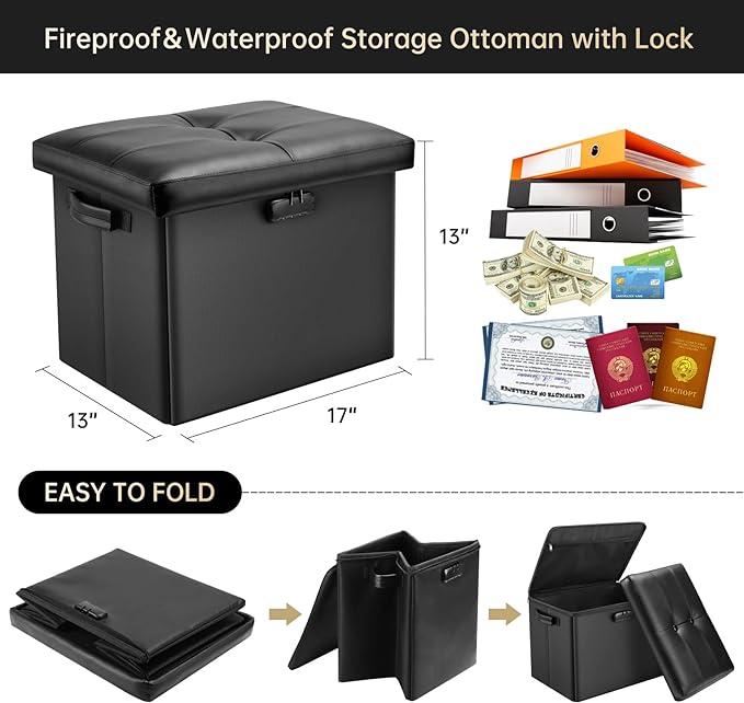 DocSafe Storage Ottoman with Lock, Fireproof Folding Ottoman Foot Rest Stool